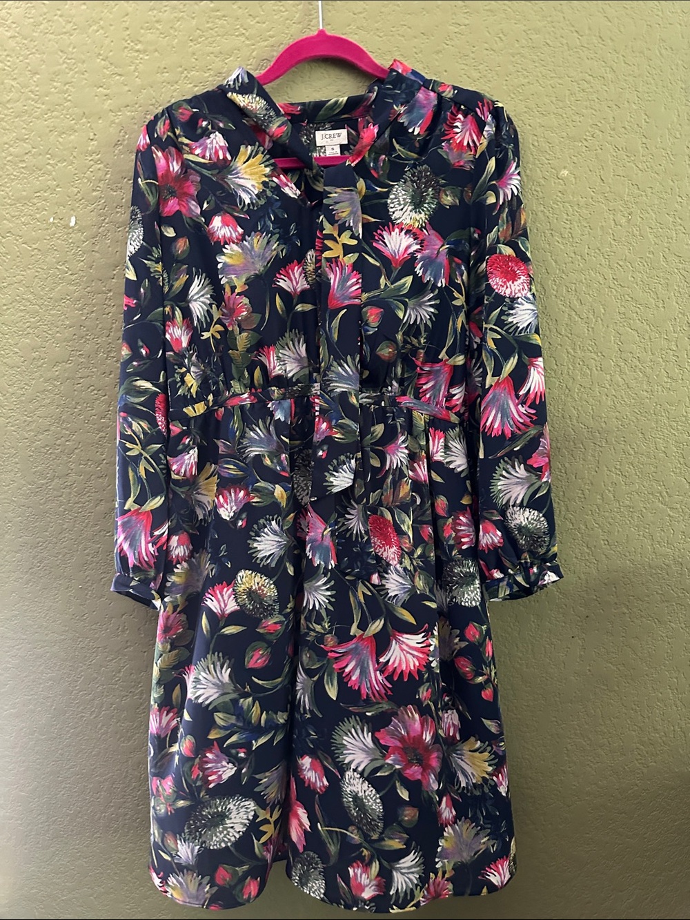 J. Crew Navy Floral Midi Dress with Pink, White & Green Accents